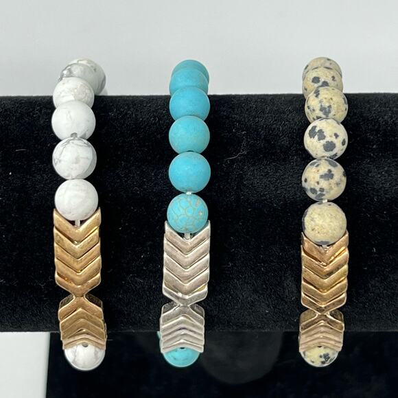 Natural Semi Precious Stone Chevron Pendant Stretch Set Of 3 Bracelet Jewelry - Picture 2 of 7